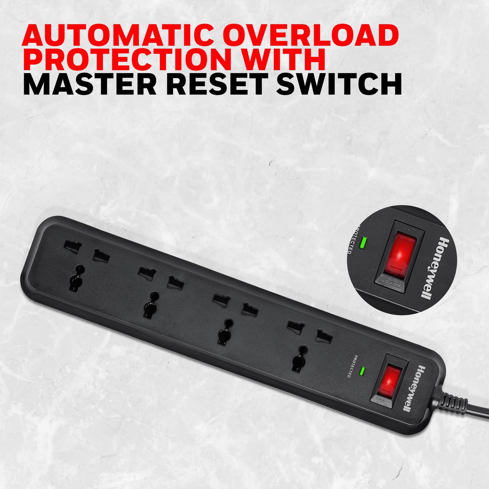 Honeywell Surge Protector, 4 Universal Sockets,15000Amp, 2 Meter Cord, Device Secure Warranty, Automatic Overload Protection, Spike Guard/Extension Board, Master Switch, 3Years Manufacturer Warranty - Image 6