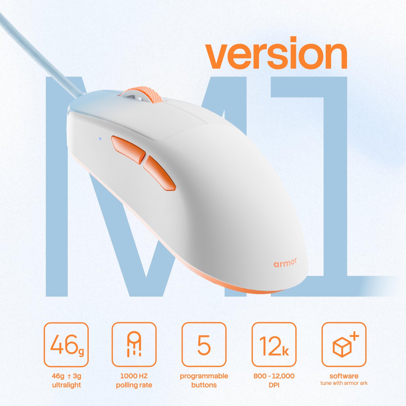 Armor M1 Gaming Mouse Wired 12000 DPI | 46g Ultra Light Weight | 1000Hz Polling Rate | 5 Programmable Buttons with Software Support | Upto 20 Million Clicks | 1.8m Paracord Cable - Image 3