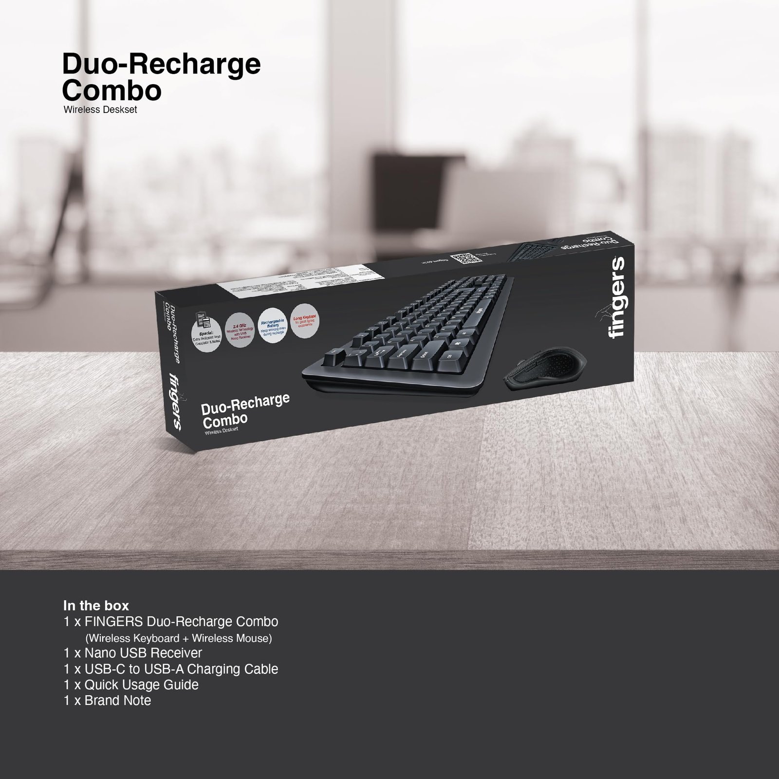 Duo-Recharge Wireless Deskset (Mouse + Keyboard) Combo (Rechargeable Batteries with 25-Day worktime, 2.4 GHz Technology with USB Nano Receiver, Windows, macOS, Linux & Chrome OS Compatible)