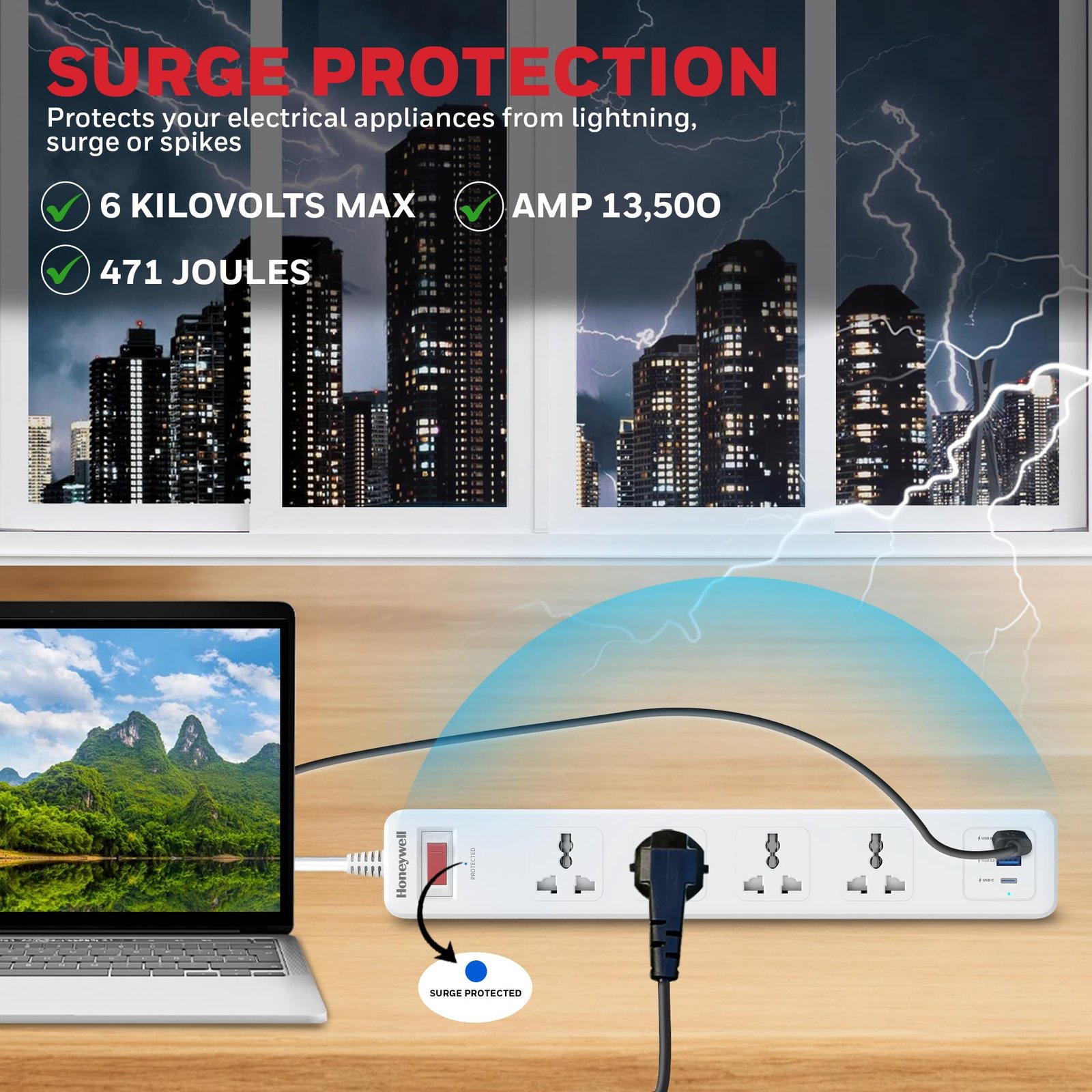 Honeywell 4 Out Surge Protector with Master Switch, Spike Guard/Extension Board, 4 Outlet, PD20W & 2xUSB, 13500Amp, 1.8 Meter Cord, DSW, Automatic Overload Protection, 3 Years Manufacturer Warranty - Image 3