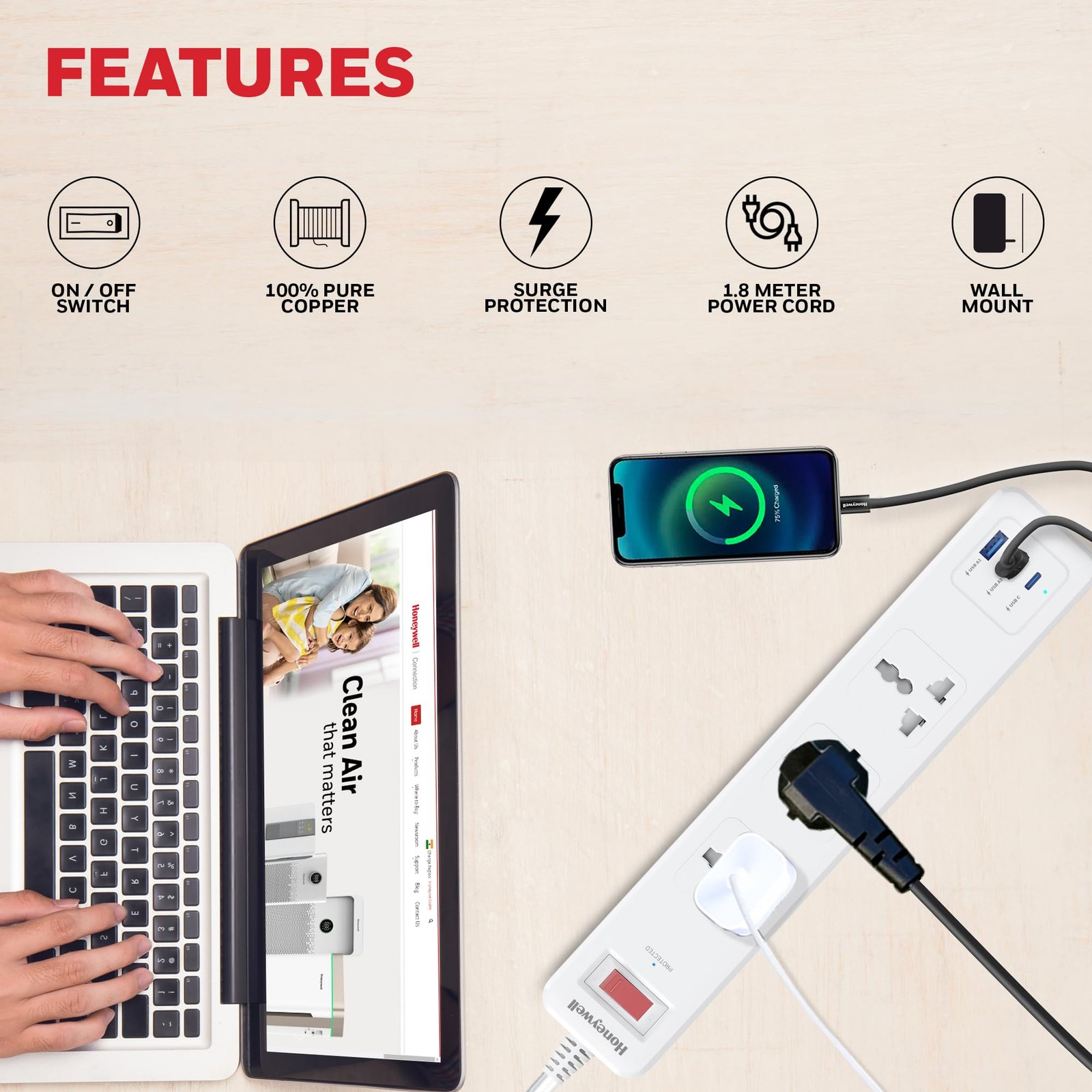 Honeywell 3 Out Surge Protector with Master Switch, Spike Guard/Extension Board, 3 Outlet, PD20W & 2xUSB, 13500Amp, 1.8 Meter Cord, DSW, Automatic Overload Protection, 3 Years Manufacturer Warranty - Image 8