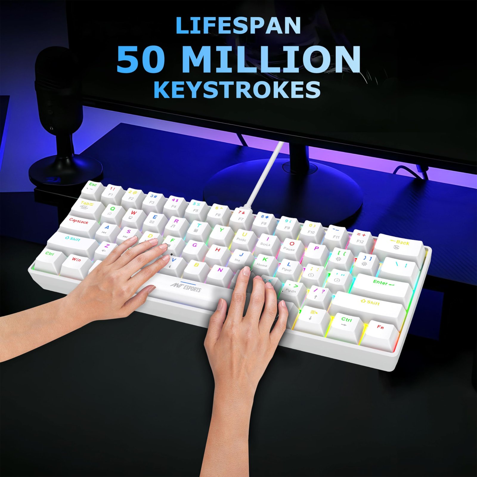 Ant Esports MK1300 V2 Smartchoice Mechanical Gaming Keyboard, 60% Compact 61 Keys Mini, RGB Backlit LED, Brown Switches, Portable Wired USB, Anti-Ghosting, Ergonomic, PC/Mac Gaming Keyboard, White - Image 4