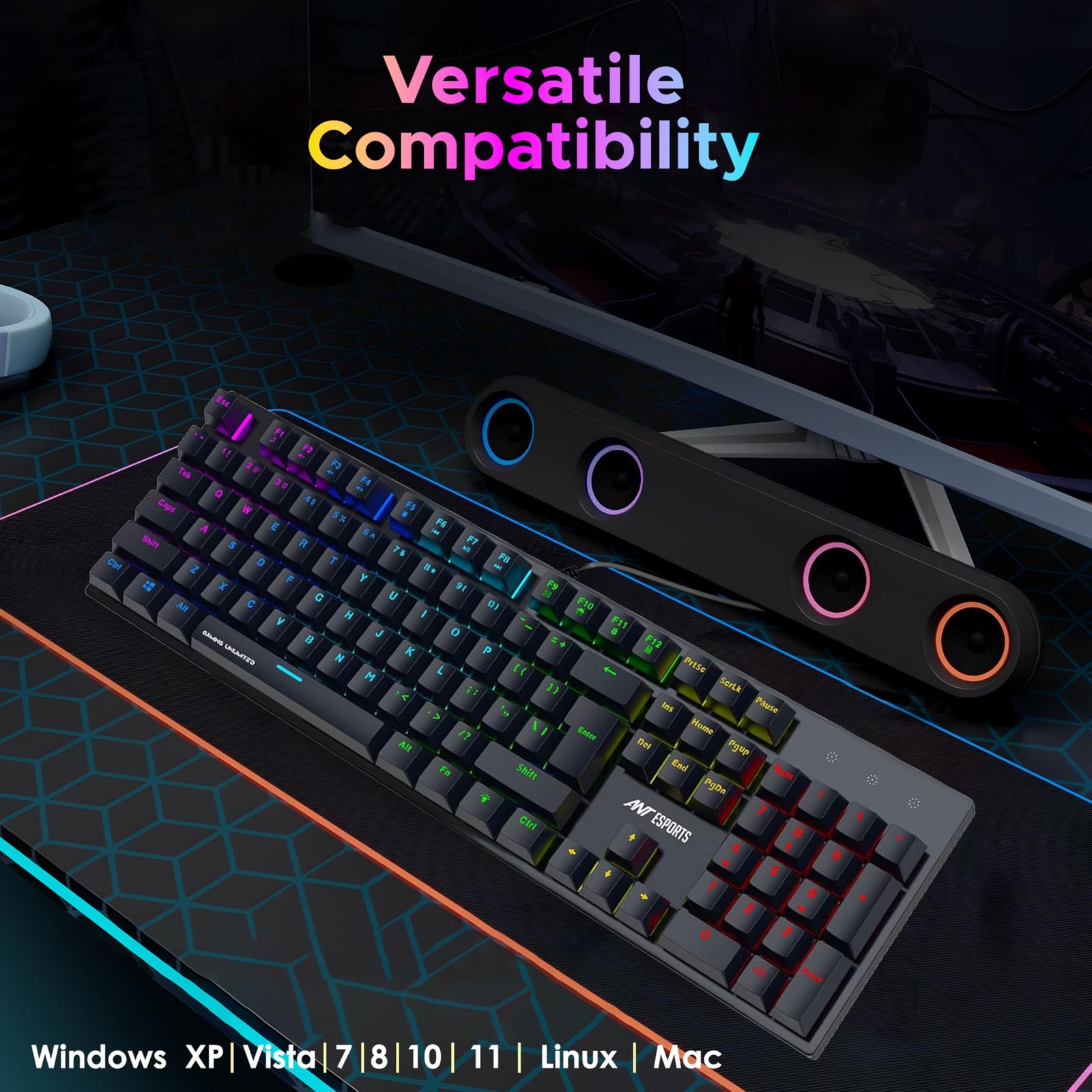 Ant Esports MK3400 V3 Pro Mechanical Gaming Keyboard RGB LED 104 Keys Blue Switch Anti Ghosting Full Size Wired USB PC Keyboard Removable Double Shot Keycaps Ergonomic for PC, Laptop and Mac (Black) - Image 3