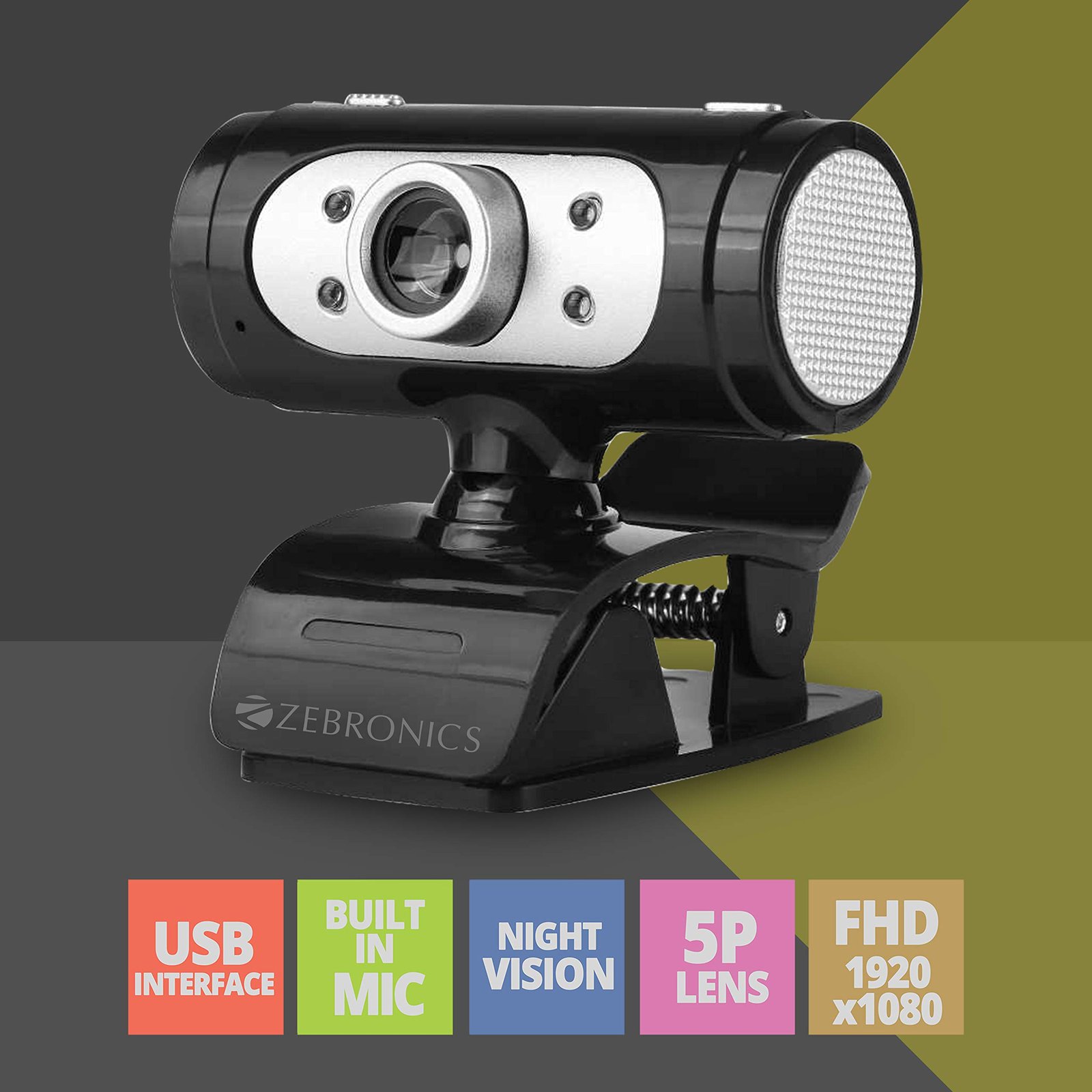 Zebronics Zeb-Ultimate Pro (Full HD) 1080p/30fps Webcam with 5P Lens, Built-in Mic, Auto White Balance, Night Vision, Manual Switch for LED (Black)