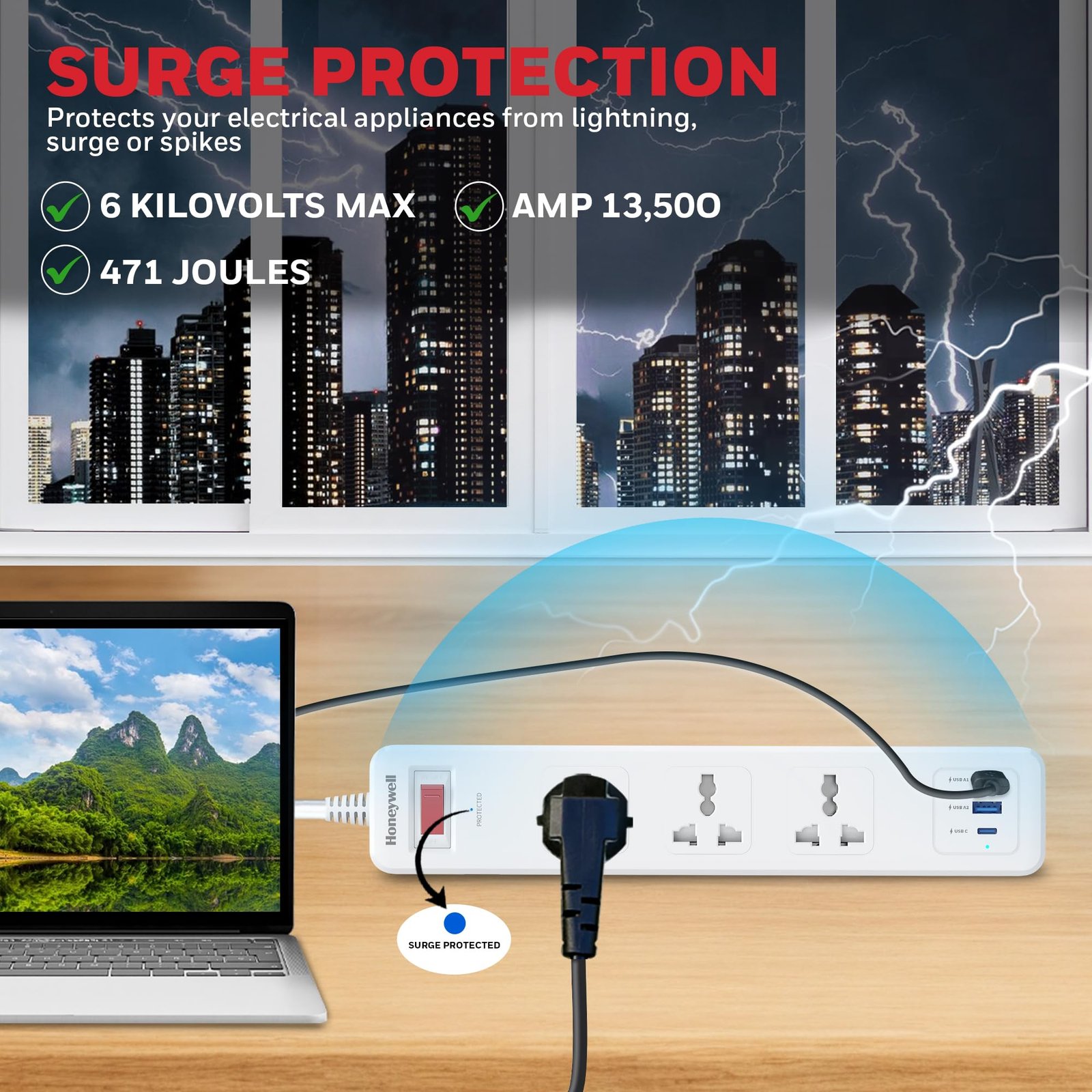 Honeywell 3 Out Surge Protector with Master Switch, Spike Guard/Extension Board, 3 Outlet, PD20W & 2xUSB, 13500Amp, 1.8 Meter Cord, DSW, Automatic Overload Protection, 3 Years Manufacturer Warranty - Image 3