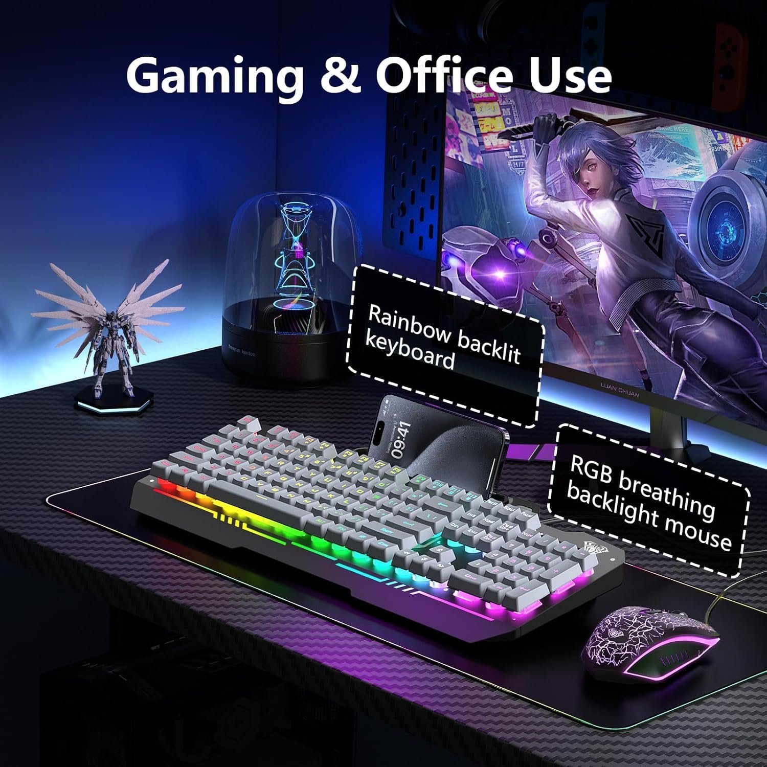 Aula T102 Gaming Keyboard and Mouse Combo | RGB Backlit Membrane Keyboard and Gaming Mouse | Wired Keyboard & Mouse Set for Windows PC Gamers (Black Panel | Grey Keycaps) - Image 3