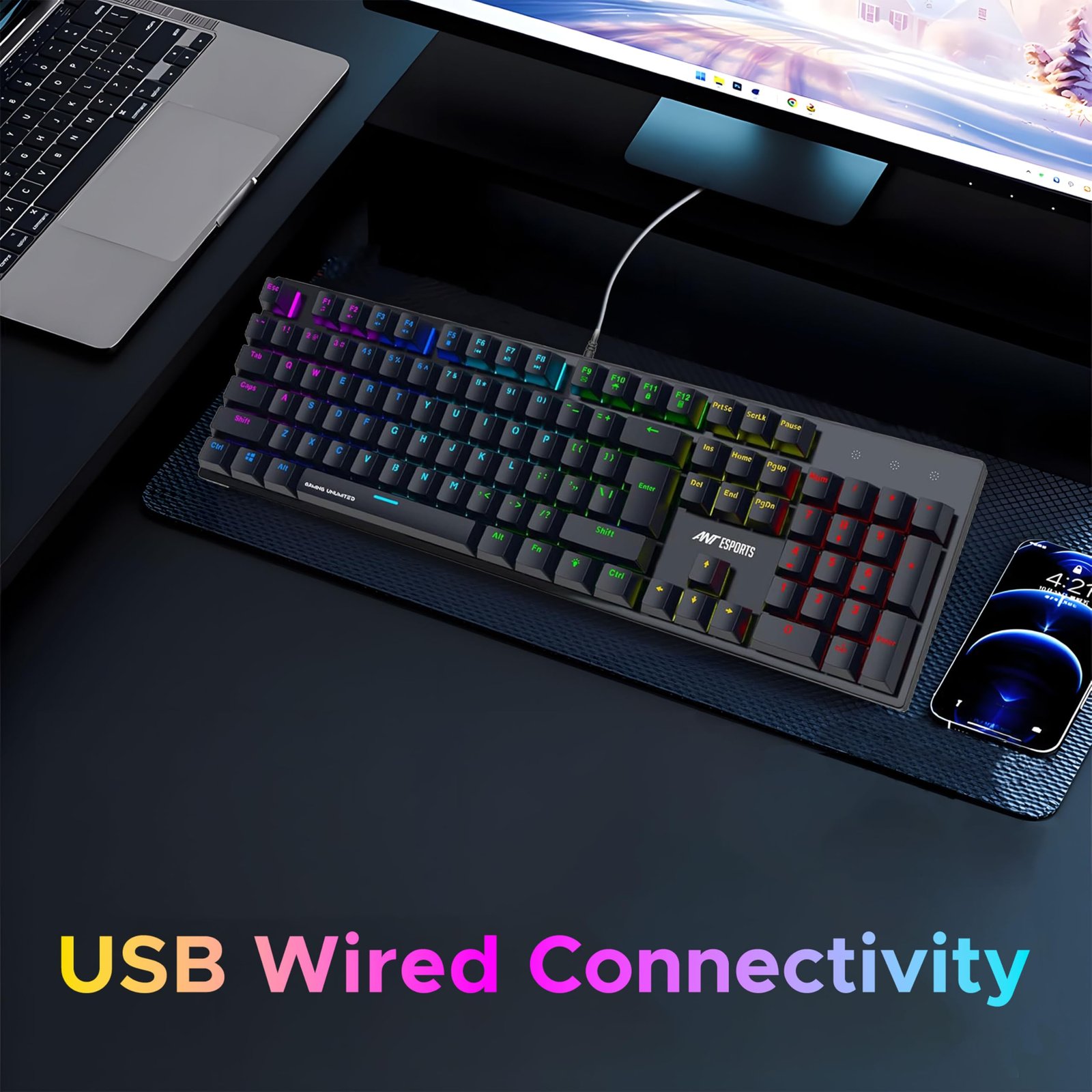 Ant Esports MK3400 V3 Pro Mechanical Gaming Keyboard RGB LED 104 Keys Blue Switch Anti Ghosting Full Size Wired USB PC Keyboard Removable Double Shot Keycaps Ergonomic for PC, Laptop and Mac (Black) - Image 7