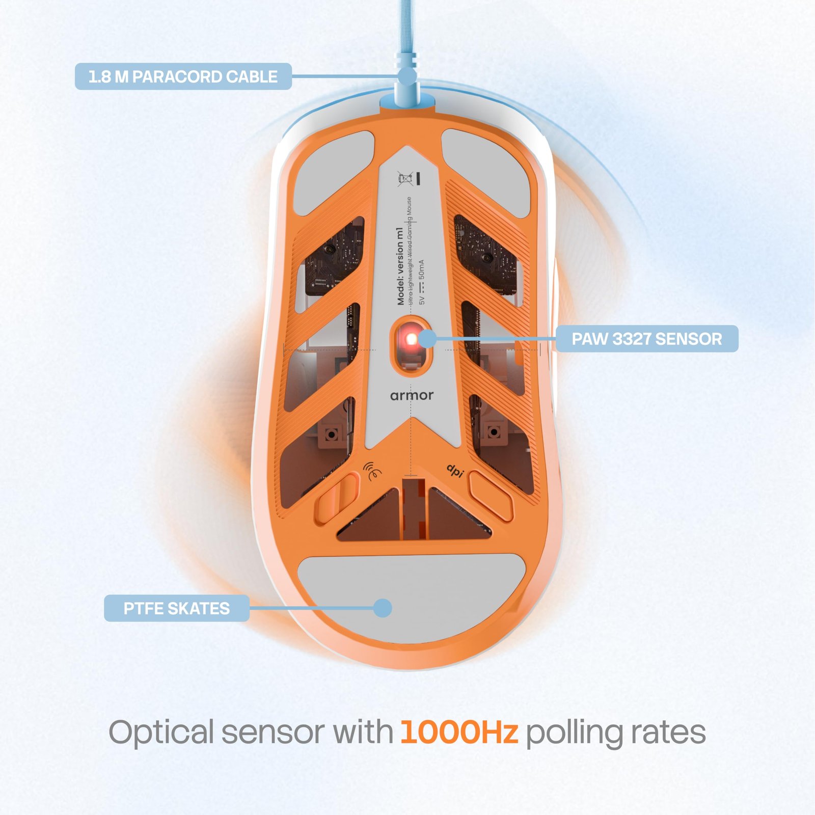 Armor M1 Gaming Mouse Wired 12000 DPI | 46g Ultra Light Weight | 1000Hz Polling Rate | 5 Programmable Buttons with Software Support | Upto 20 Million Clicks | 1.8m Paracord Cable - Image 6