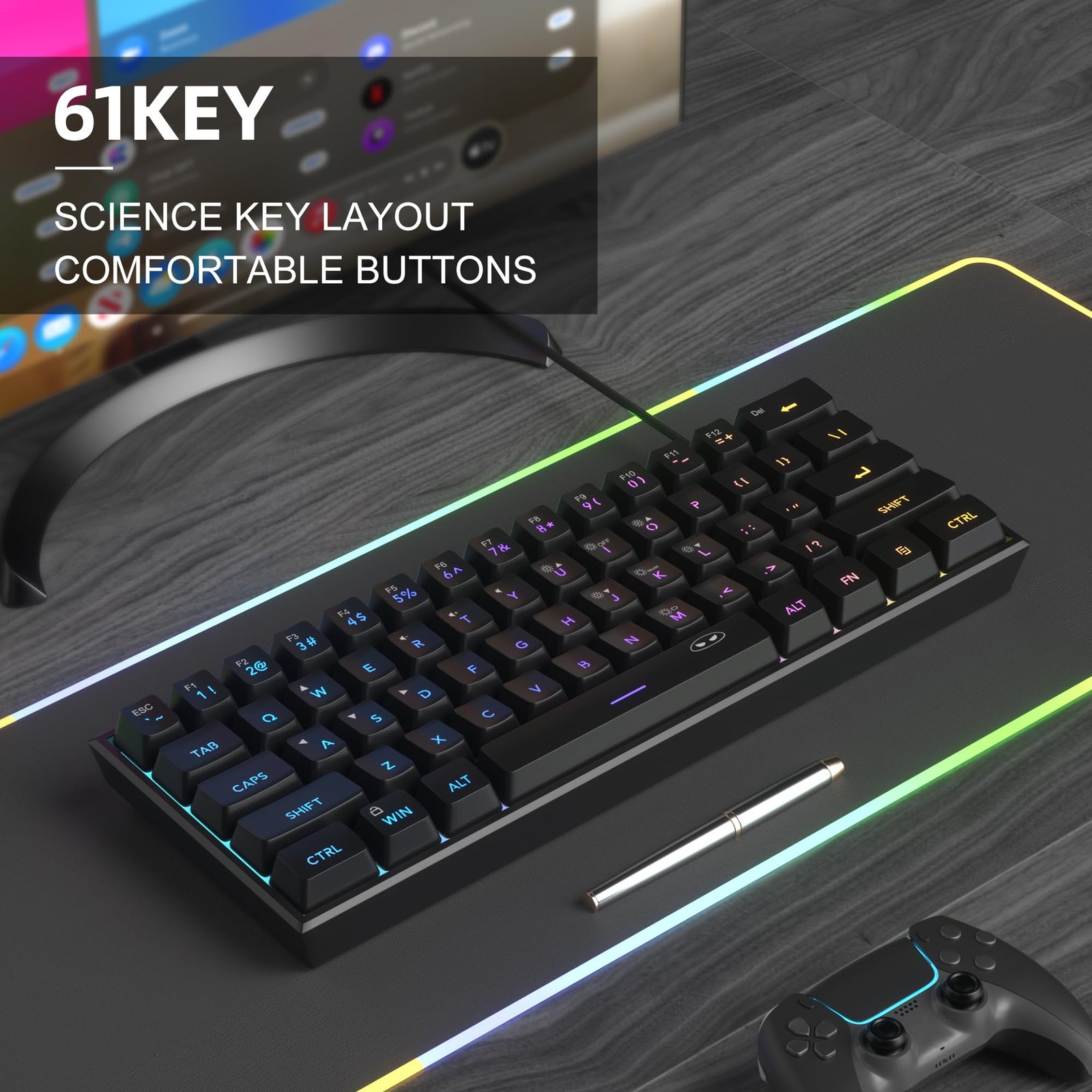 MageGee Mini 60% Gaming Keyboard, RGB Backlit 61 Key Ultra-Compact Keyboard, Ts91 Ergonomic Waterproof Mechanical Feeling Office Computer Keyboard for Pc, Mac, Ps4, Xbox One Gamer, Wired (Black) - Image 6