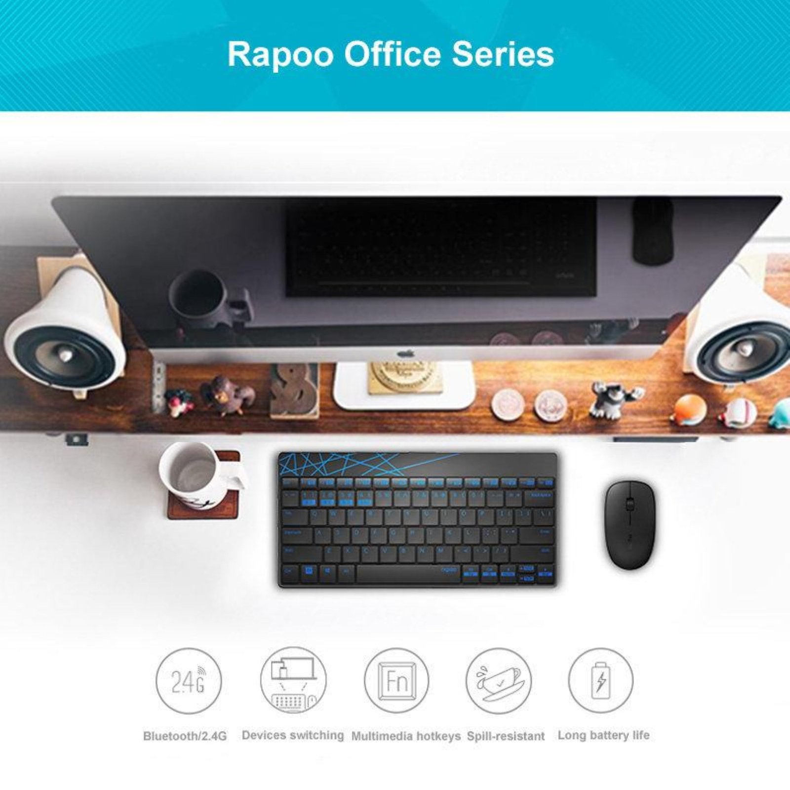 Rapoo 8000M Multi-Device Wireless & Bluetooth Keyboard & Mouse Combo | Spill Resistant |2.4GHz, BT 3.0 & 4.0 | 1300 DPI | Windows & Mac OS Support |Silent Keys | 3 Yrs Warranty |Silent |Black - Image 3