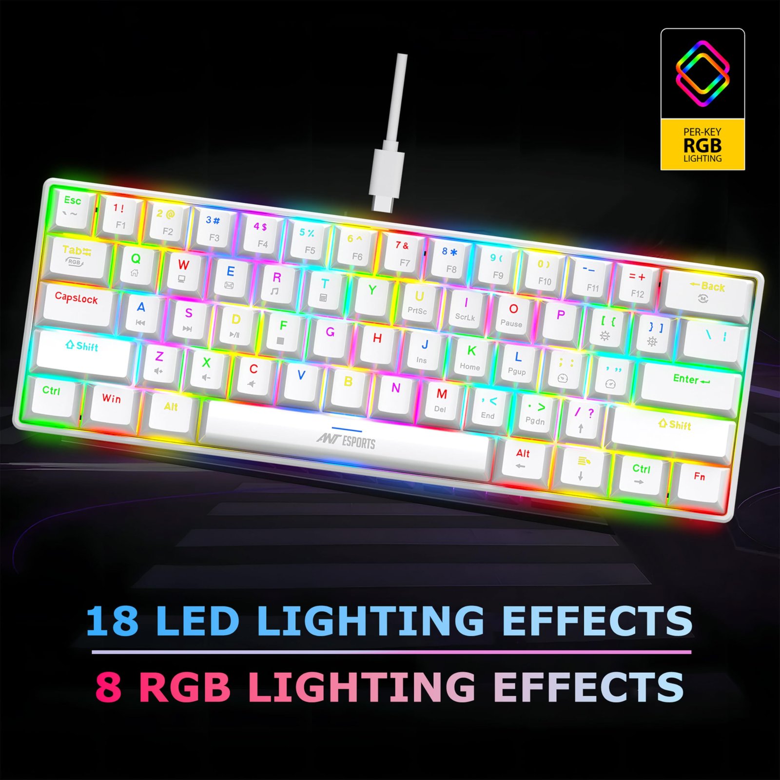 Ant Esports MK1300 V2 Smartchoice Mechanical Gaming Keyboard, 60% Compact 61 Keys Mini, RGB Backlit LED, Brown Switches, Portable Wired USB, Anti-Ghosting, Ergonomic, PC/Mac Gaming Keyboard, White - Image 5