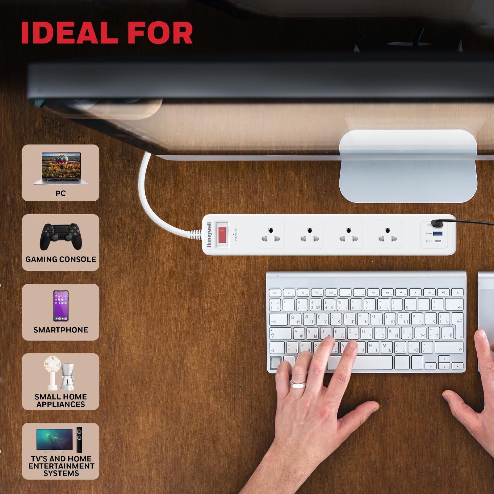Honeywell 4 Out Surge Protector with Master Switch, Spike Guard/Extension Board, 4 Outlet, PD20W & 2xUSB, 13500Amp, 1.8 Meter Cord, DSW, Automatic Overload Protection, 3 Years Manufacturer Warranty - Image 7