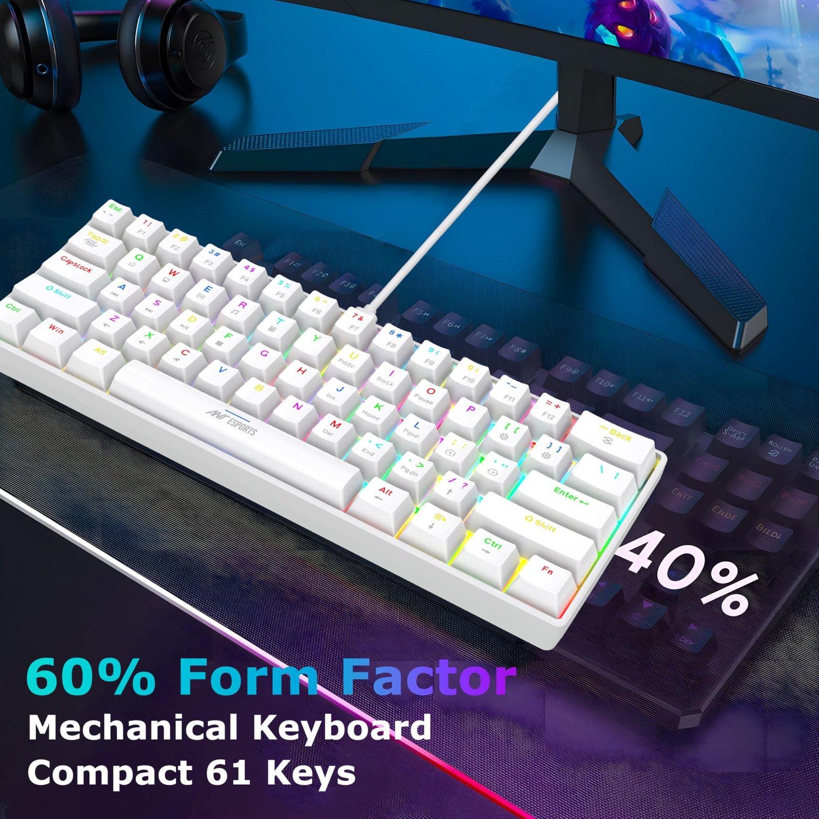 Ant Esports MK1300 V2 Smartchoice Mechanical Gaming Keyboard, 60% Compact 61 Keys Mini, RGB Backlit LED, Brown Switches, Portable Wired USB, Anti-Ghosting, Ergonomic, PC/Mac Gaming Keyboard, White - Image 6