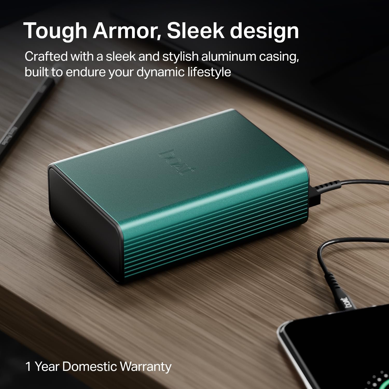 Boat Energyshroom PB400 Pro 20000 mAh 22.5W Pocket Size, Compact Power Bank, Fast Charging (2X Output Ports, Supports Android, iPhone, Tablets, Earbuds, etc.) (Emerald Green), USB Type C