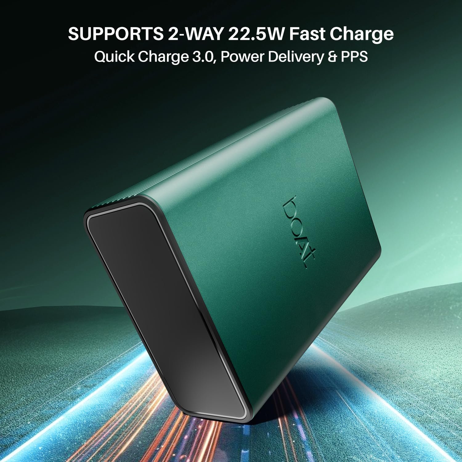 Boat Energyshroom PB400 Pro 20000 mAh 22.5W Pocket Size, Compact Power Bank, Fast Charging (2X Output Ports, Supports Android, iPhone, Tablets, Earbuds, etc.) (Emerald Green), USB Type C - Image 4
