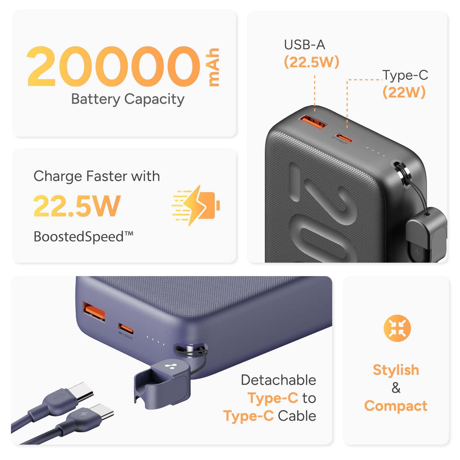 Ambrane 20000mAh Powerbank with in-Build Type C Cable, 22.5W Fast Charging, USB & Type C Output, Power Delivery, Quick Charge for iPhone, Android Mobile & Tablets, Earbuds, (Stylo N20, Black) - Image 3